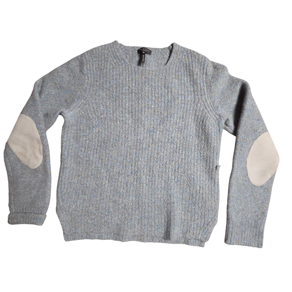 Rag & Bone Francie Crew Wool Sweater M Goat Suede Elbow Patch Marled Old Money